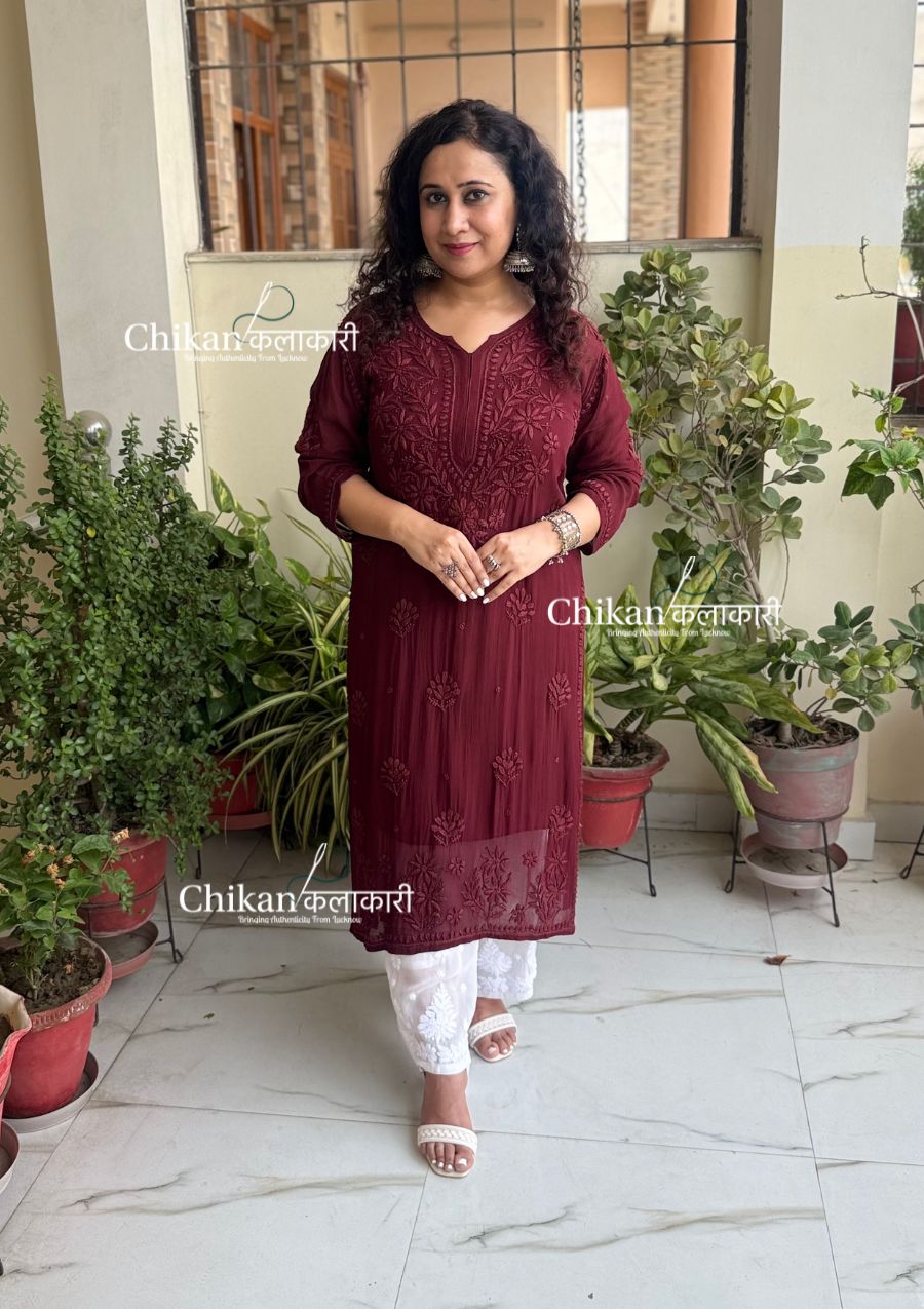 Chandani Viscose Chikankari Kurti - Brown
