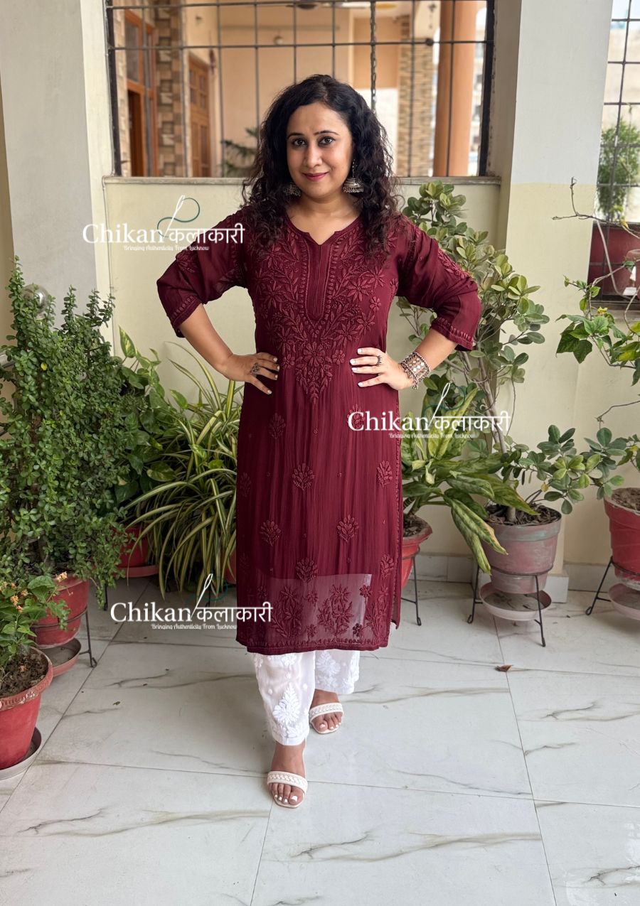 Chandani Viscose Chikankari Kurti - Brown