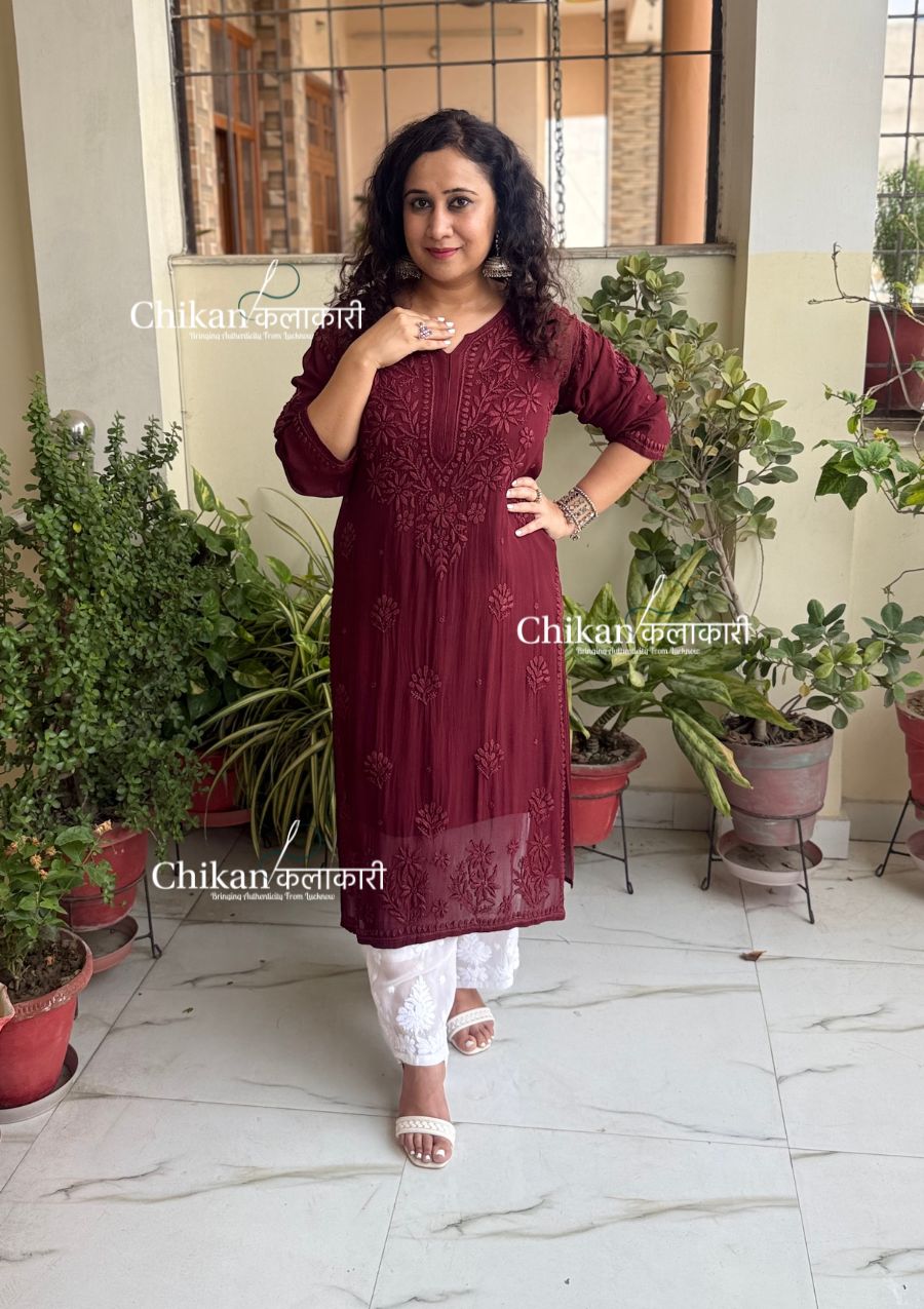 Chandani Viscose Chikankari Kurti - Brown