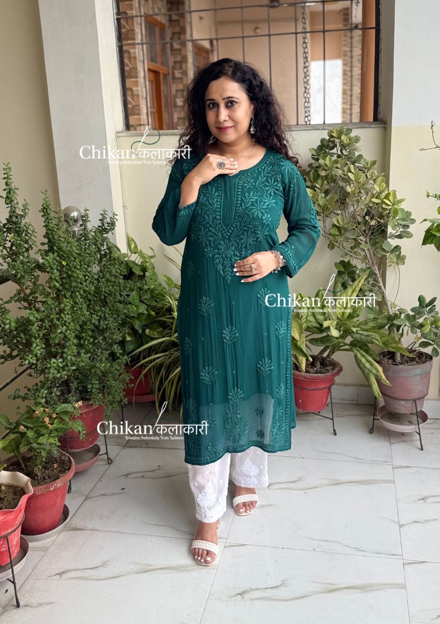 Chandani Viscose Chikankari Kurti - Peacock Green