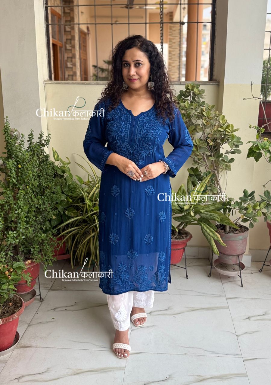 Chandani Viscose Chikankari Kurti - Royal Blue