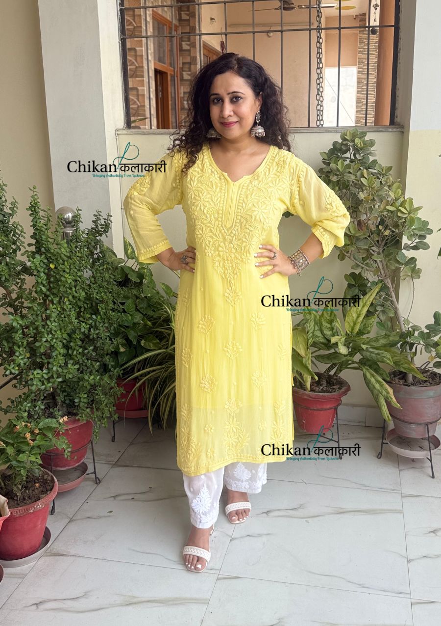 Chandani Viscose Chikankari Kurti - Sunshine Yellow