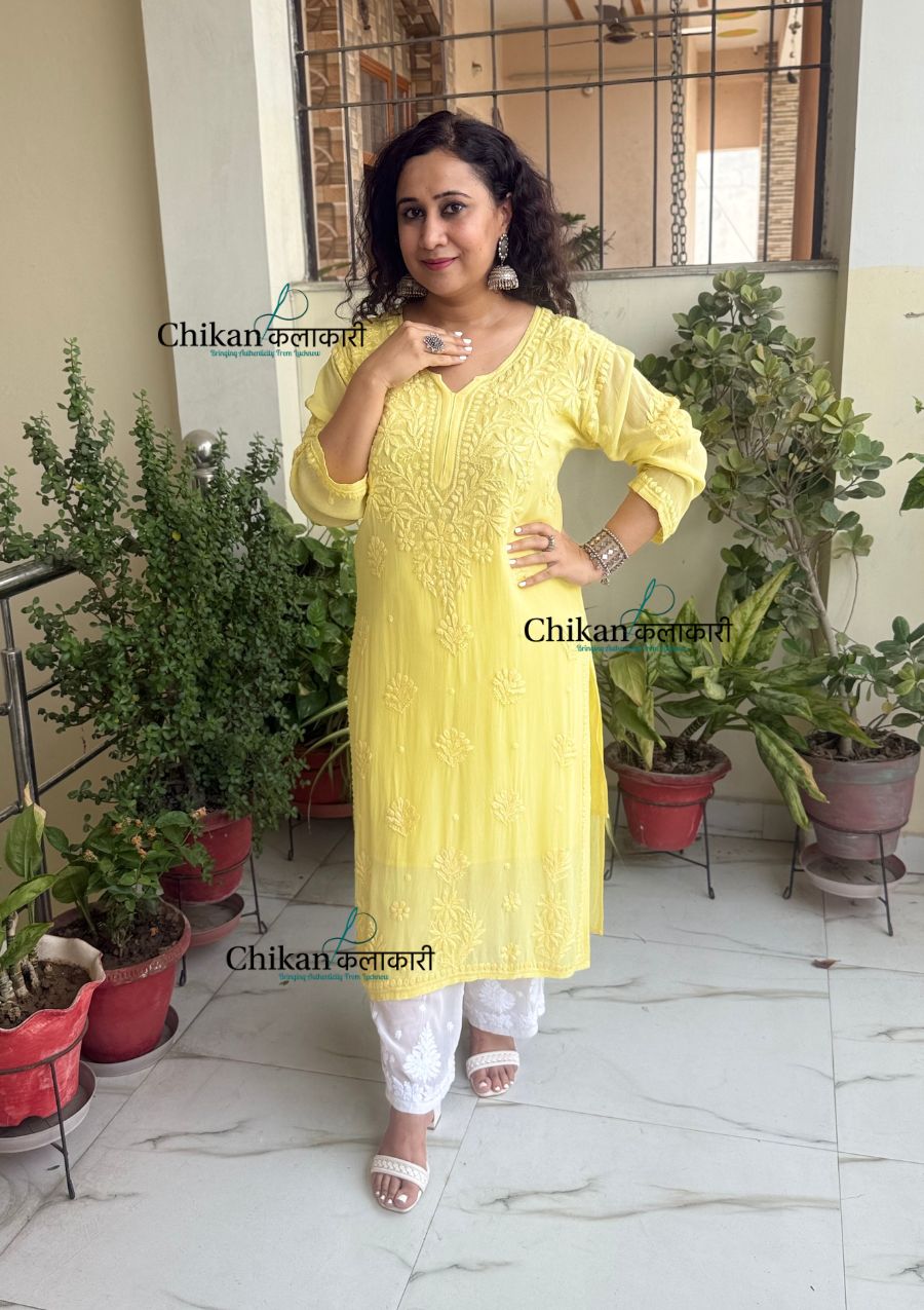 Chandani Viscose Chikankari Kurti - Sunshine Yellow