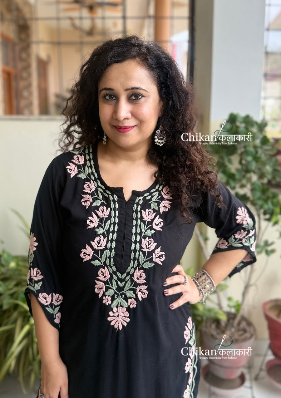Damini Rayon Chikankari Kurti - Black