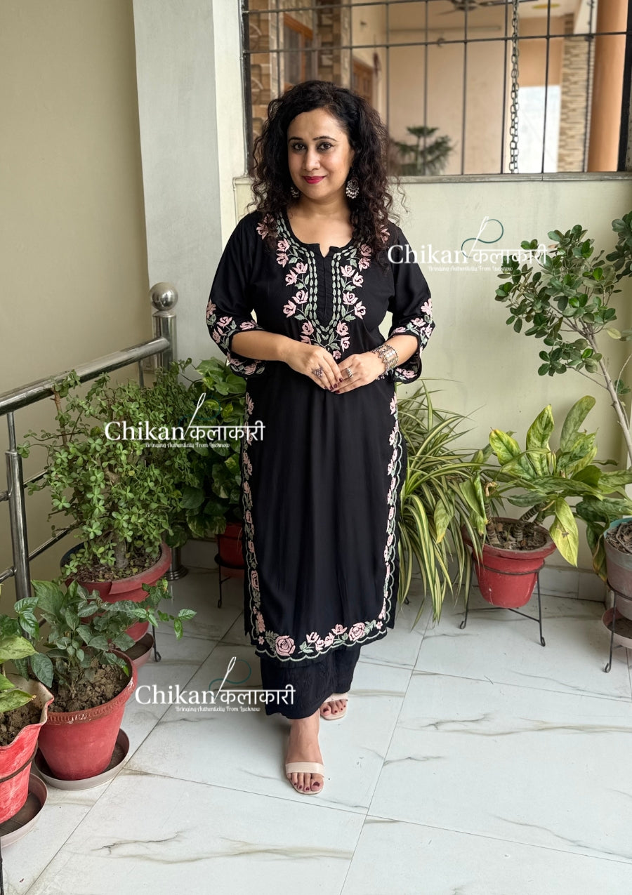 Damini Rayon Chikankari Kurti - Black