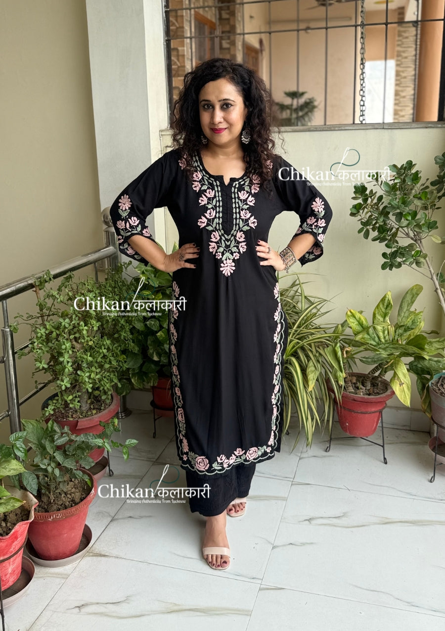 Damini Rayon Chikankari Kurti - Black