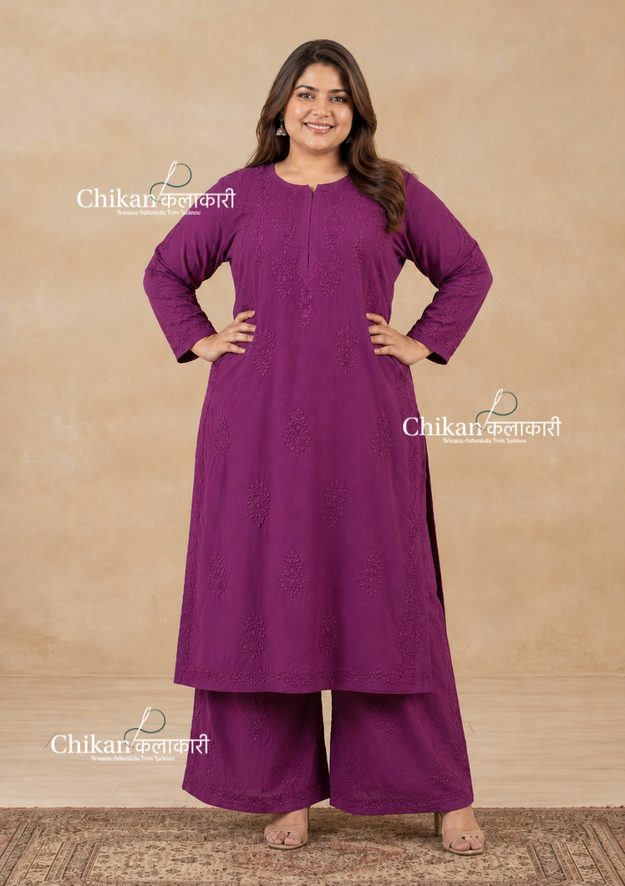 Disha Cotton Chikankari Kurti Set - Purple