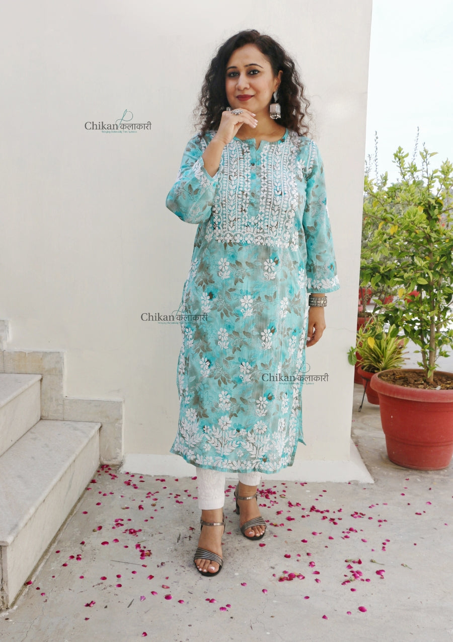 Falak Blue Mulmul Chikankari kurti