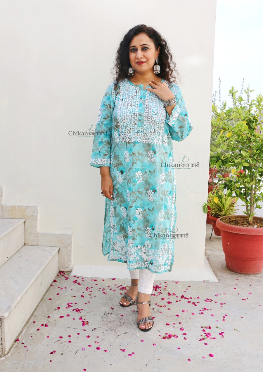 Falak Blue Mulmul Chikankari kurti