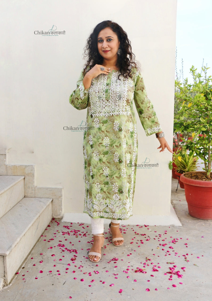 Falak Green Mulmul Chikankari kurti