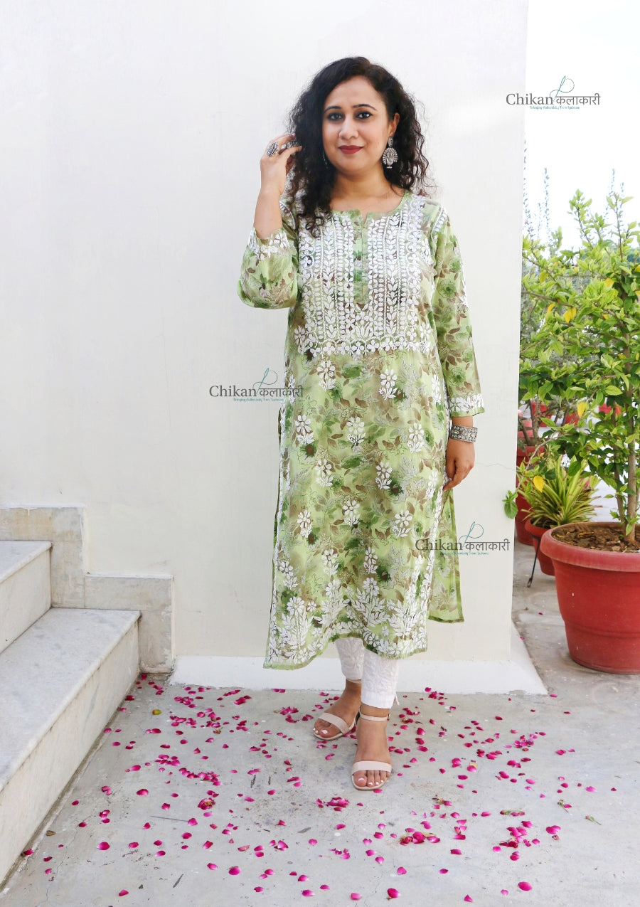 Falak Green Mulmul Chikankari kurti