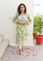 Falak Green Mulmul Chikankari kurti