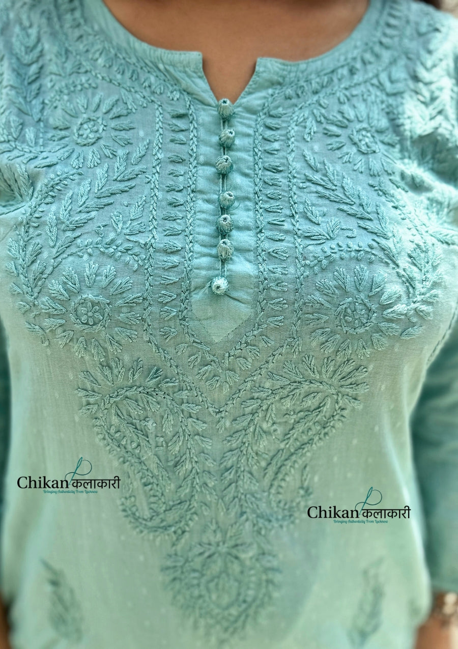 Firoza Cotton Chikankari Kurti - English Green