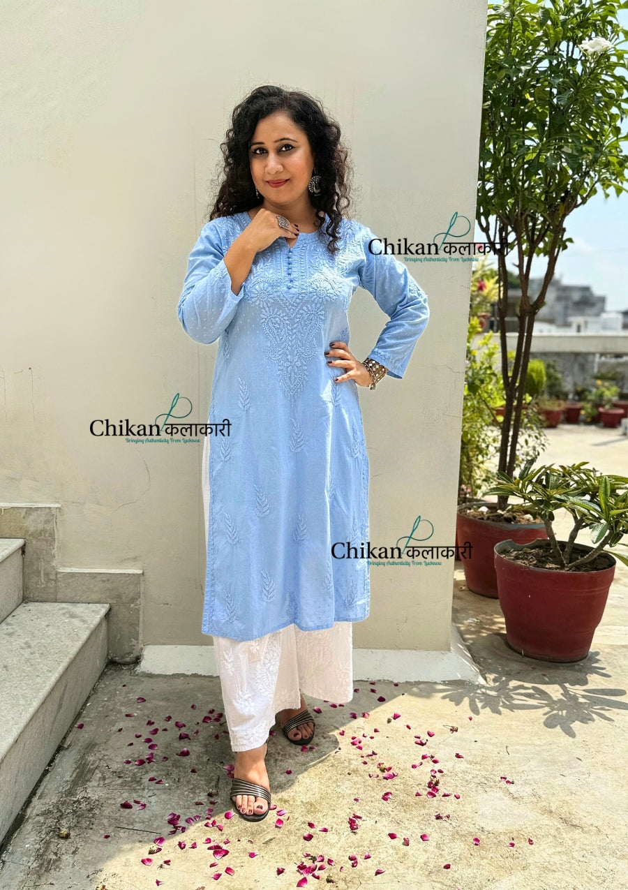 Firoza Cotton Chikankari Kurti - Powder Blue