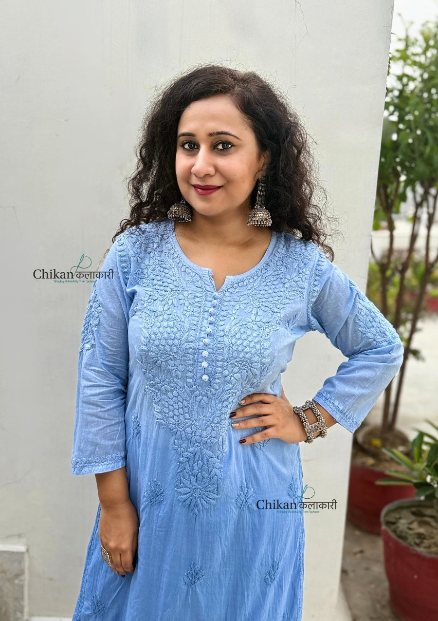 Fiza Cotton Chikankari Kurti - Powder Blue