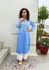 Fiza Cotton Chikankari Kurti - Powder Blue