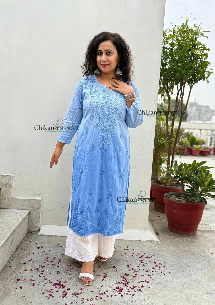 Fiza Cotton Chikankari Kurti - Powder Blue