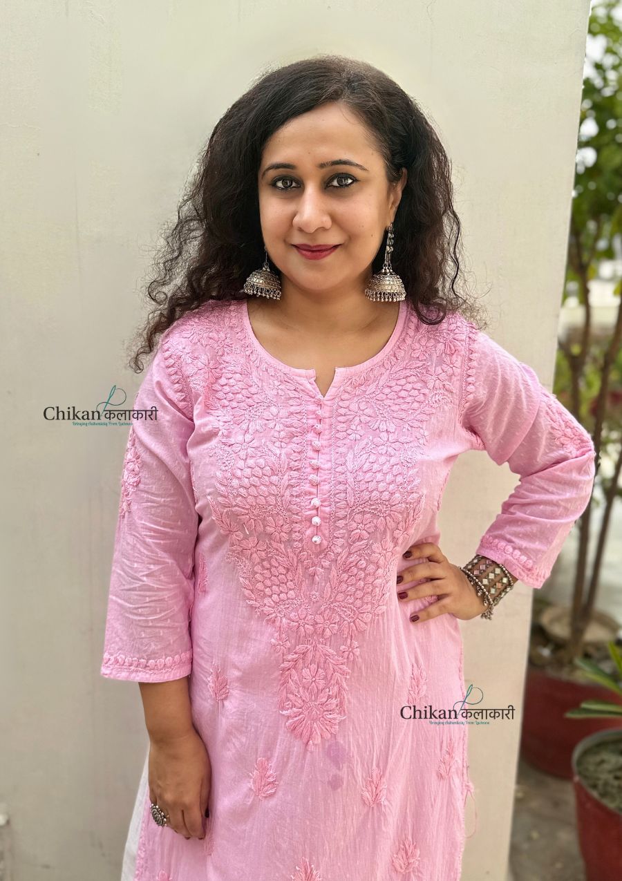 Fiza Cotton Chikankari Kurti - Pink