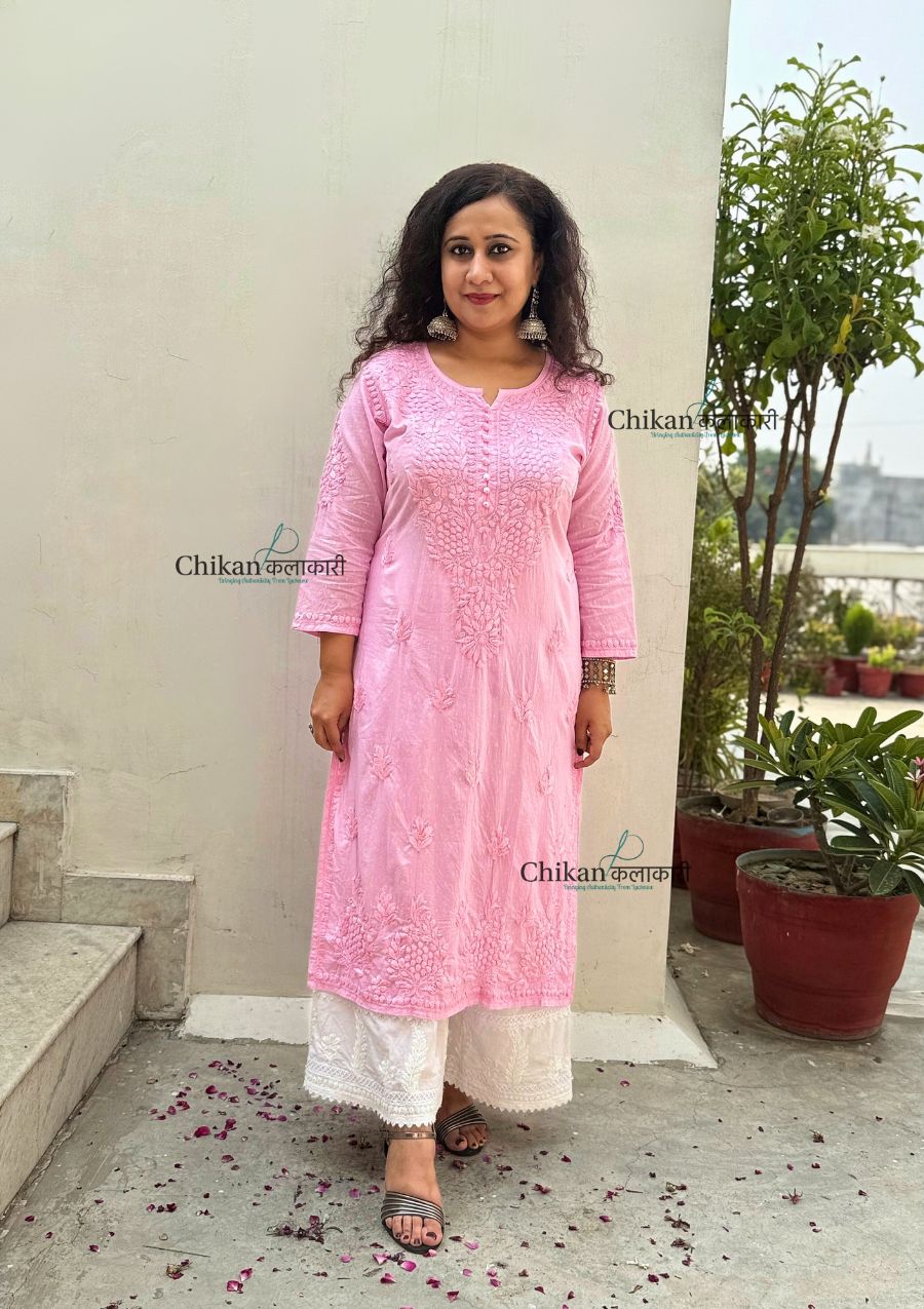 Fiza Cotton Chikankari Kurti - Pink