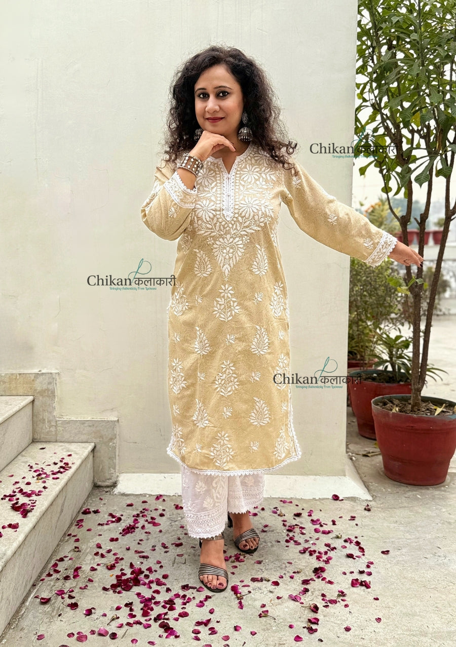 Gauhar Cotton Chikankari kurti - Beige