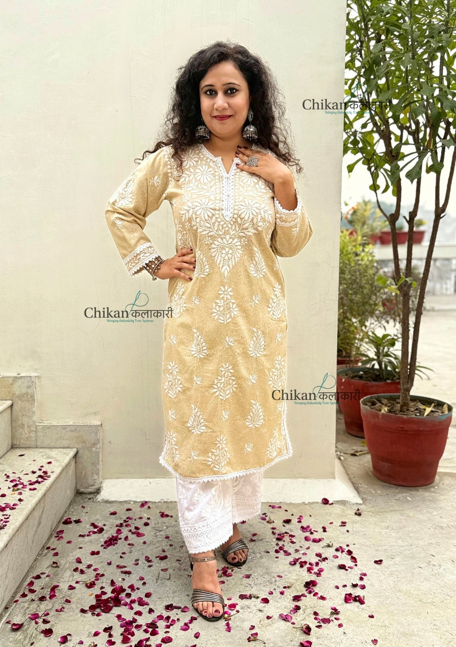 Gauhar Cotton Chikankari kurti - Beige