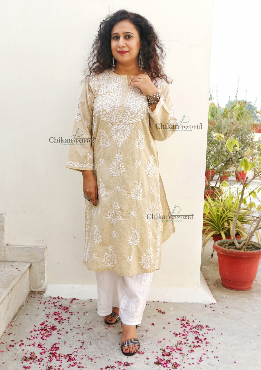 Gauhar Cotton Chikankari kurti - Beige