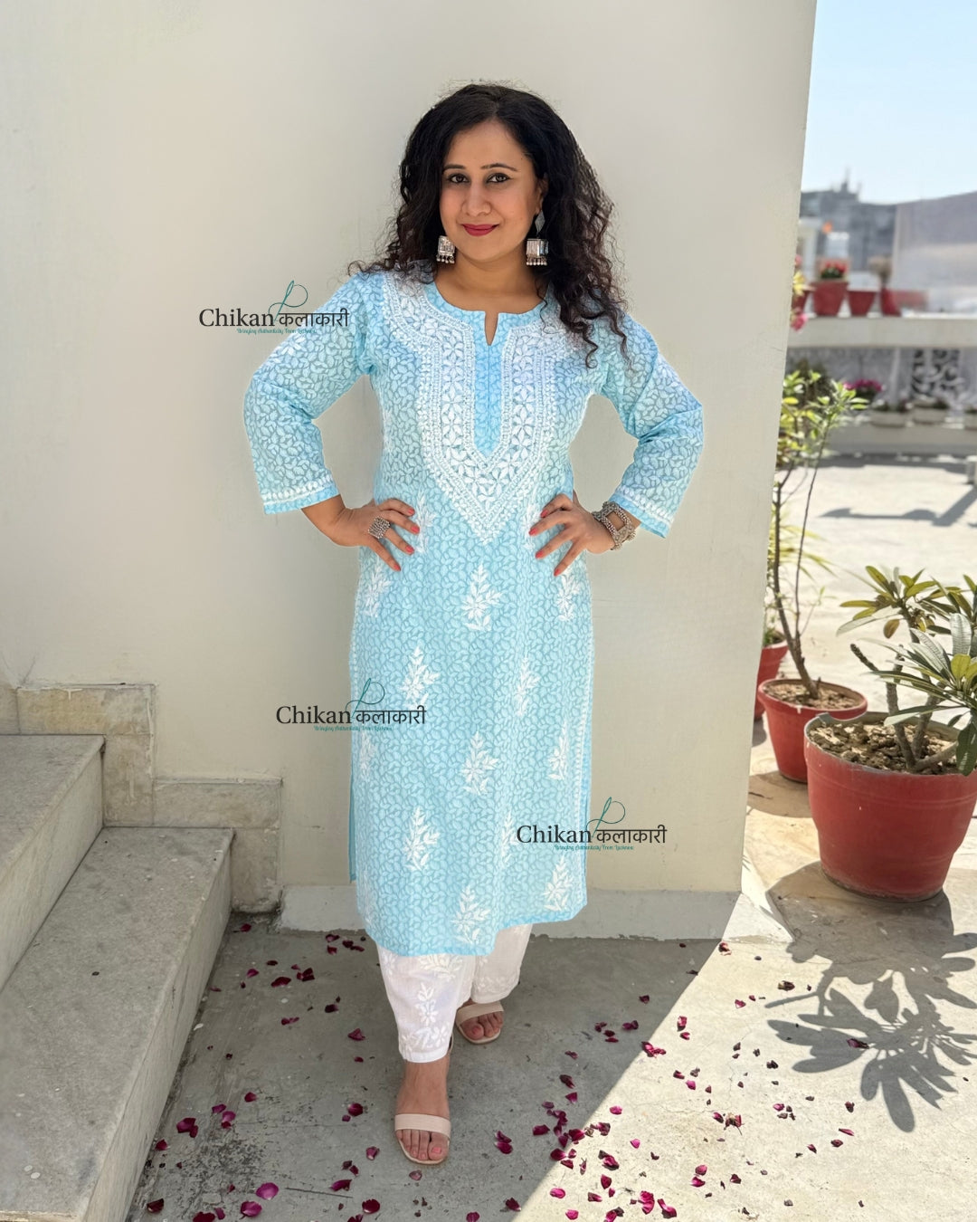 Gauhar Cotton Chikankari kurti - Sky Blue