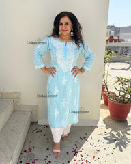 Gauhar Cotton Chikankari kurti - Sky Blue