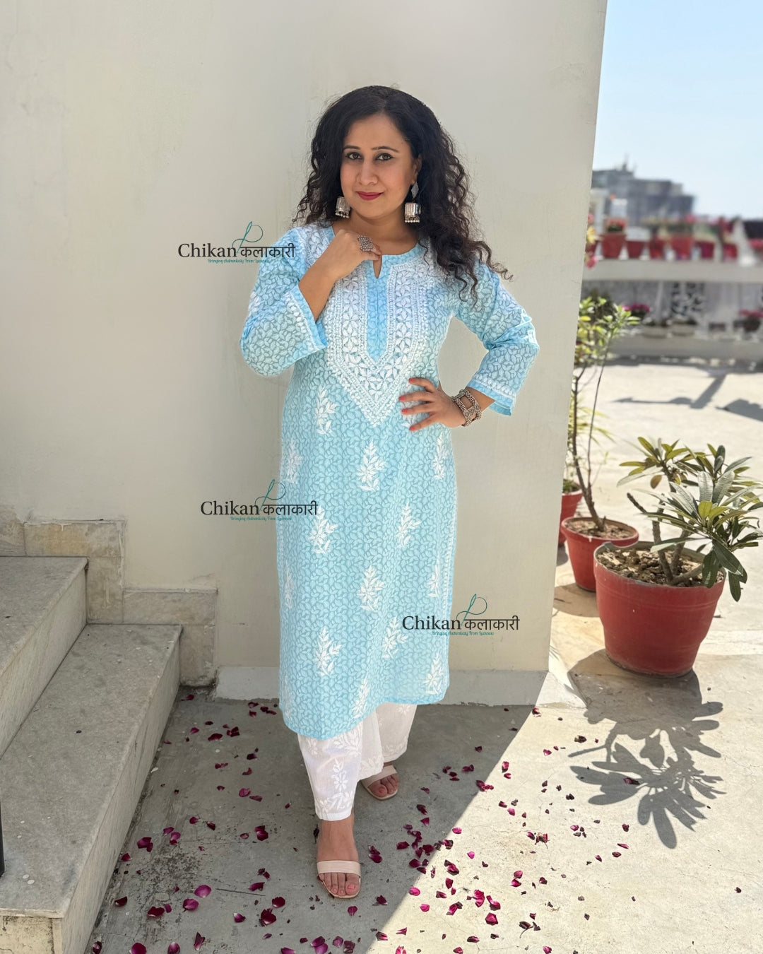 Gauhar Cotton Chikankari kurti - Sky Blue