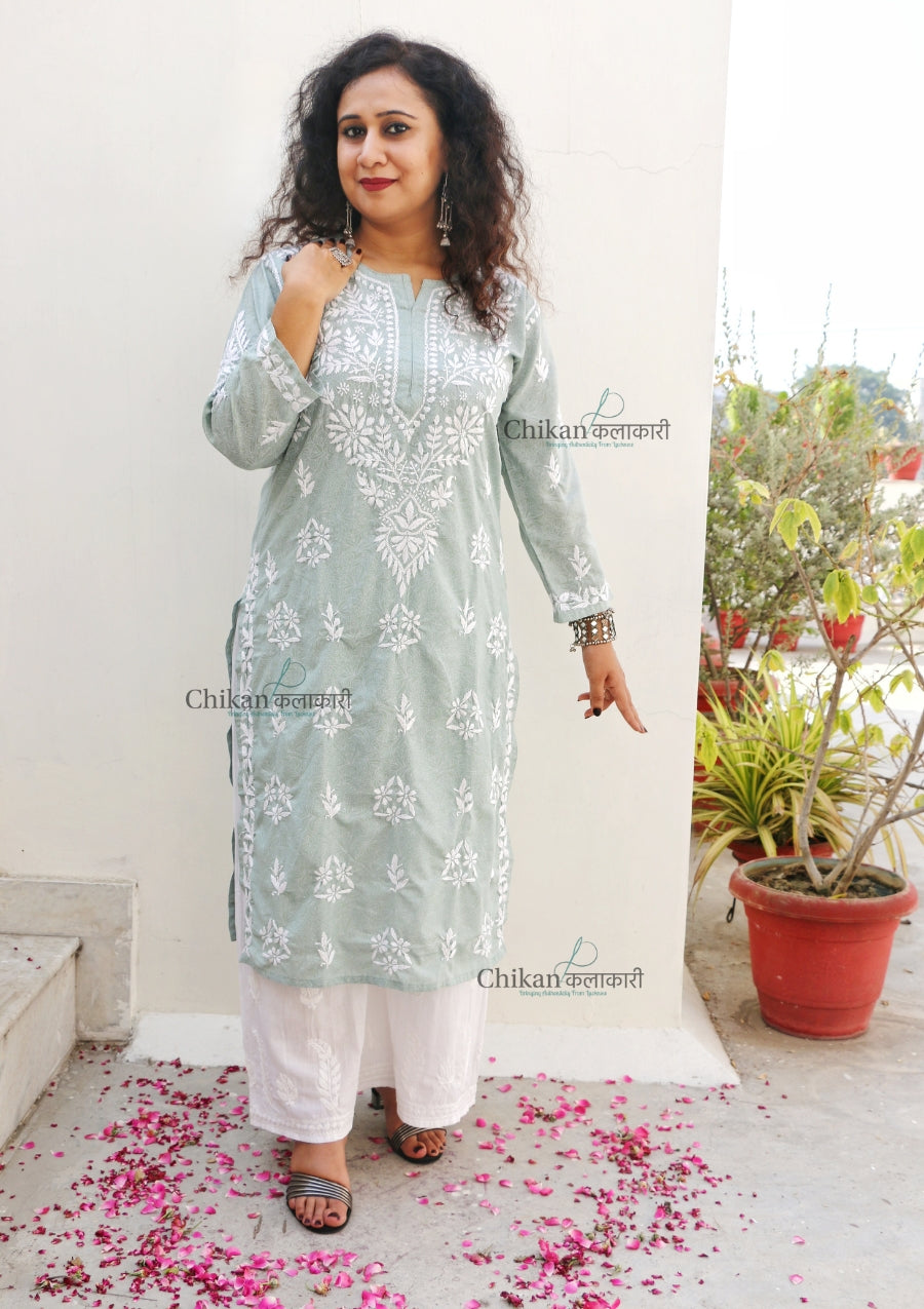 Gauhar Cotton Chikankari kurti - Green