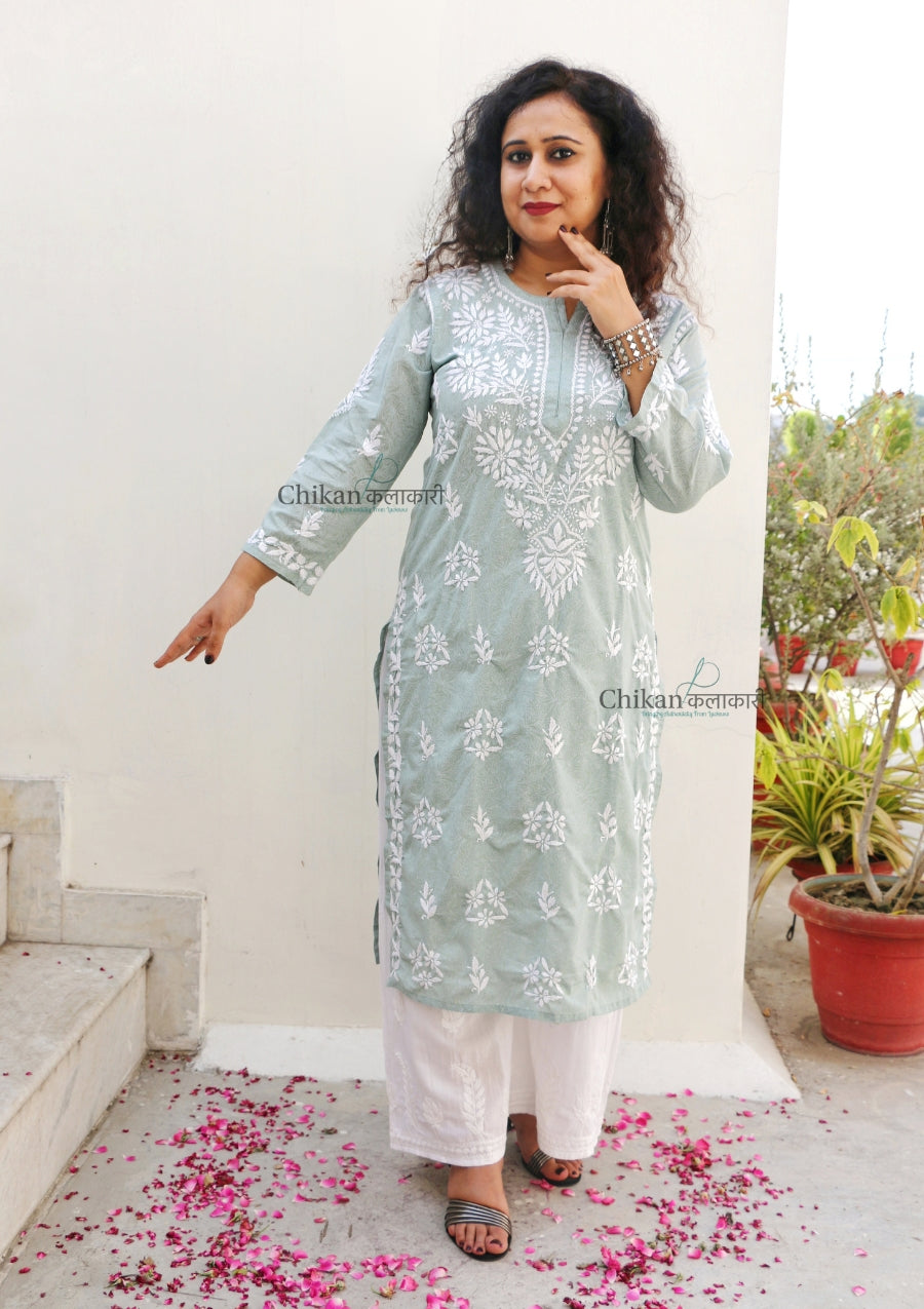 Gauhar Cotton Chikankari kurti - Green