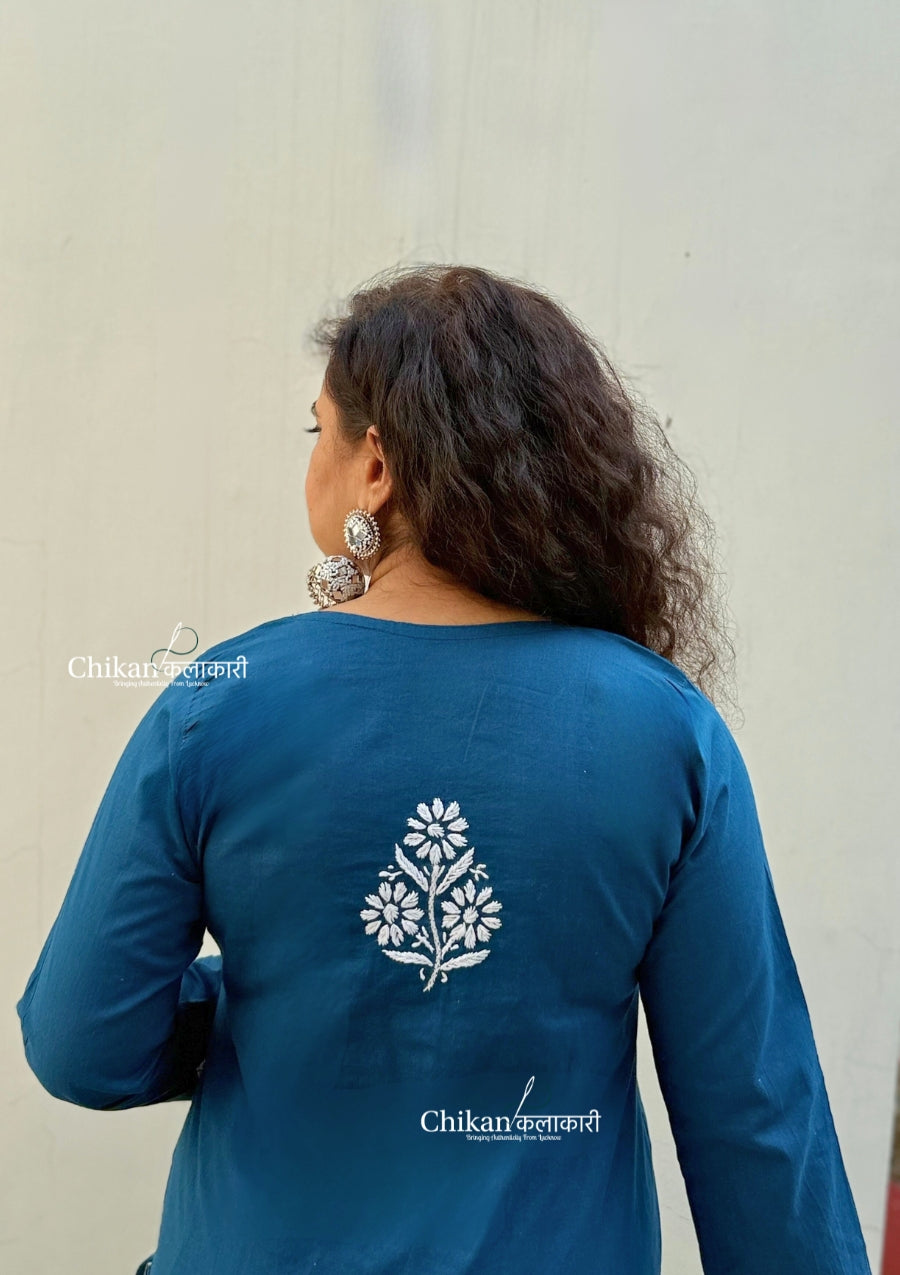 Geet Cotton Chikankari Kurti - Teal Blue