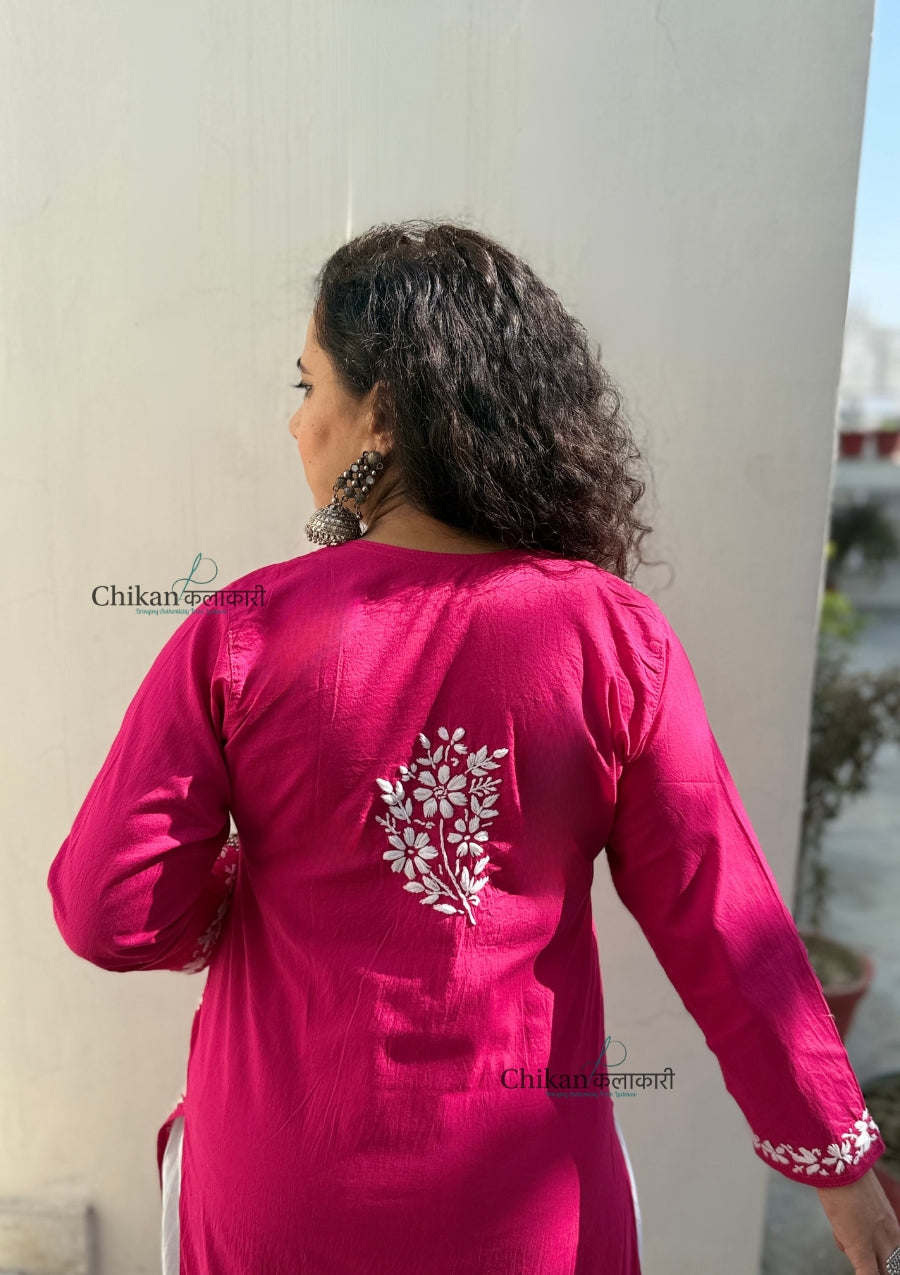 Meera Cotton Chikankari Kurti - Magenta