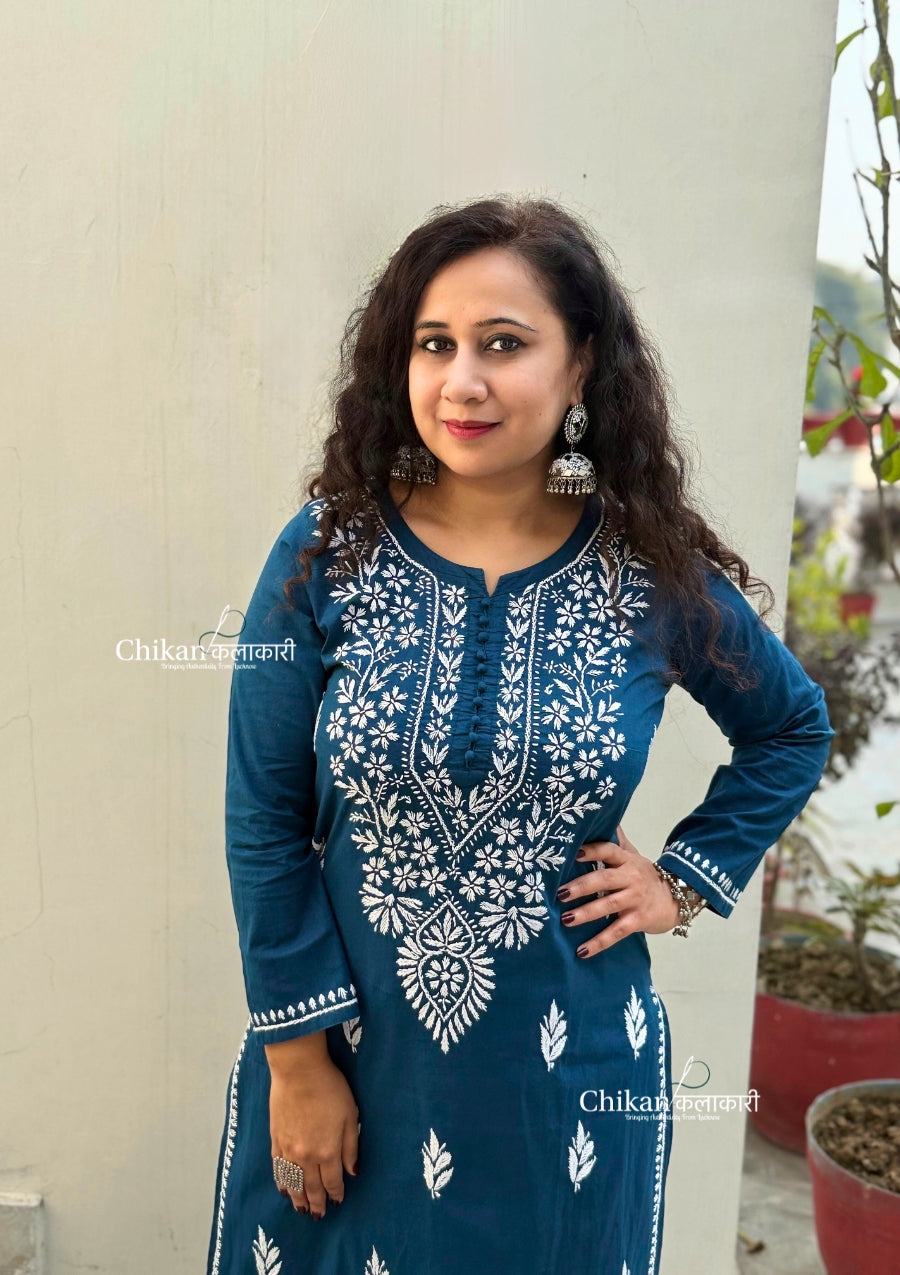 Geet Cotton Chikankari Kurti - Teal Blue