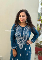 Geet Cotton Chikankari Kurti - Teal Blue