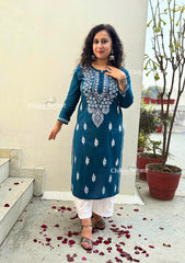 Geet Cotton Chikankari Kurti - Teal Blue