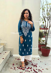 Geet Cotton Chikankari Kurti - Teal Blue