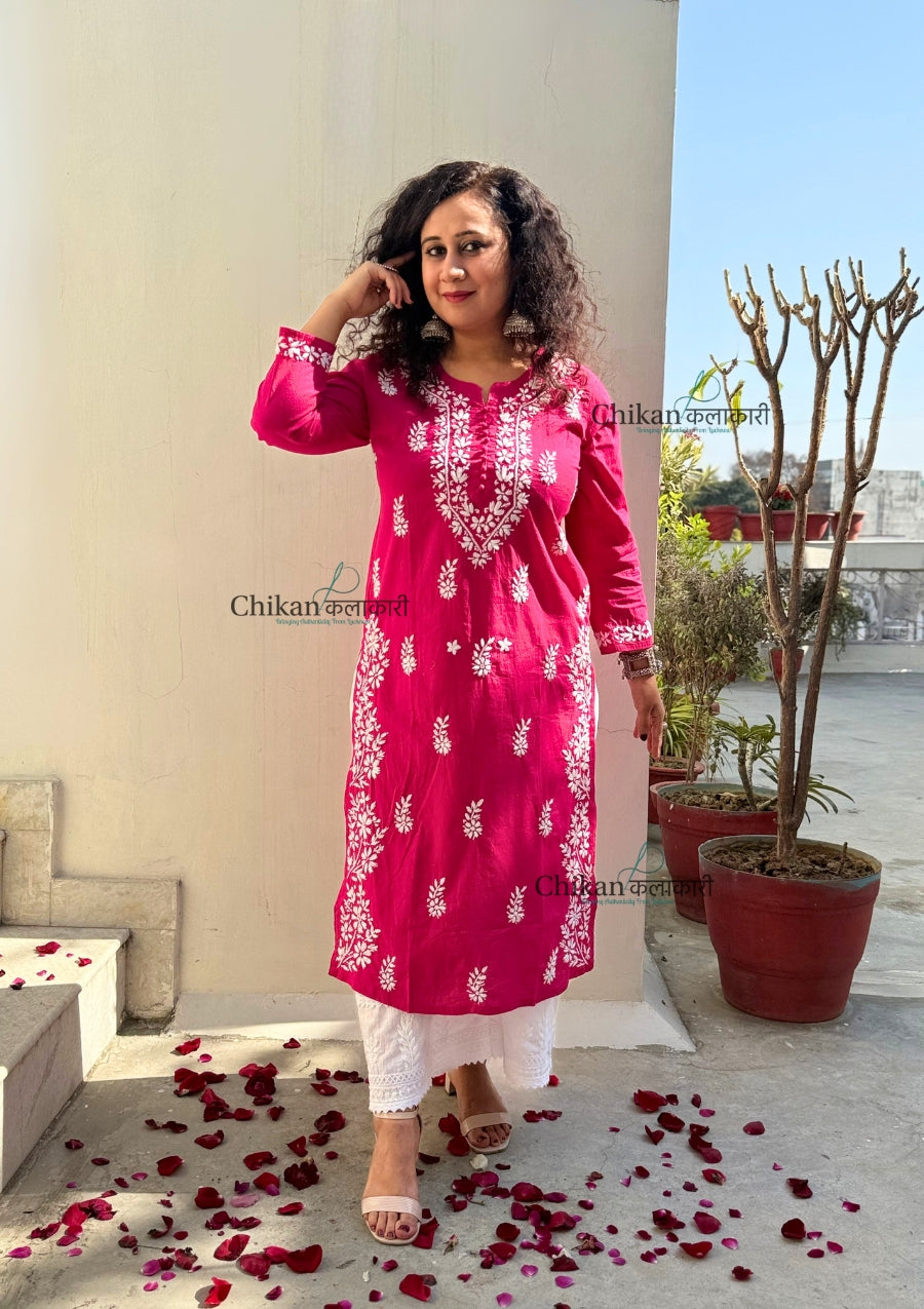 Meera Cotton Chikankari Kurti - Magenta