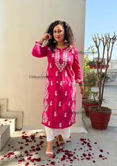 Meera Cotton Chikankari Kurti - Magenta