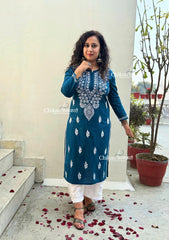 Geet Cotton Chikankari Kurti - Teal Blue