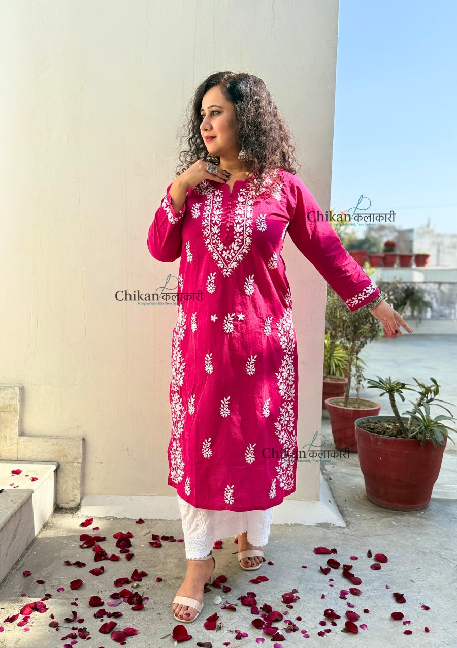 Meera Cotton Chikankari Kurti - Magenta