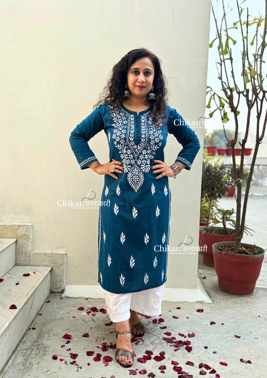 Geet Cotton Chikankari Kurti - Teal Blue