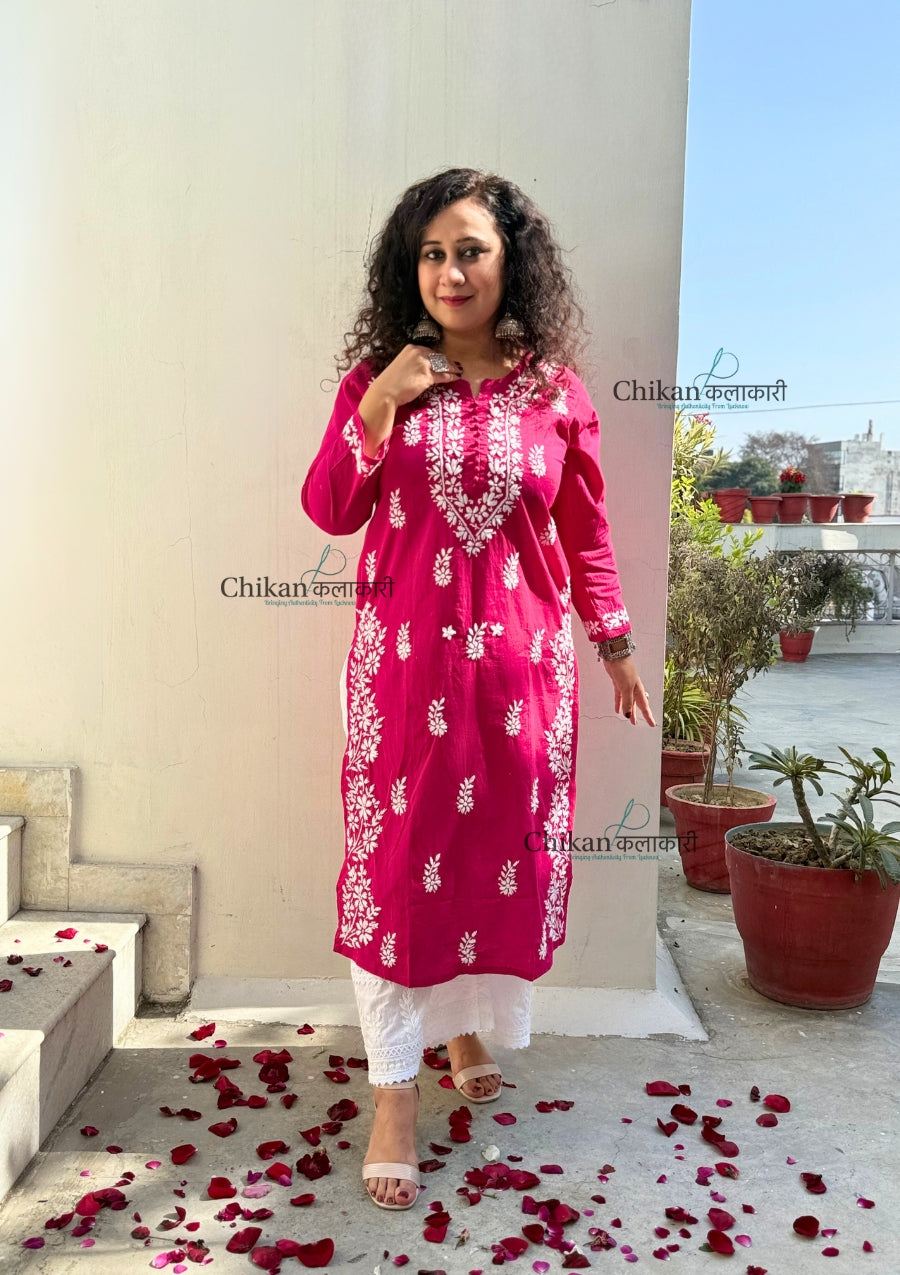 Meera Cotton Chikankari Kurti - Magenta