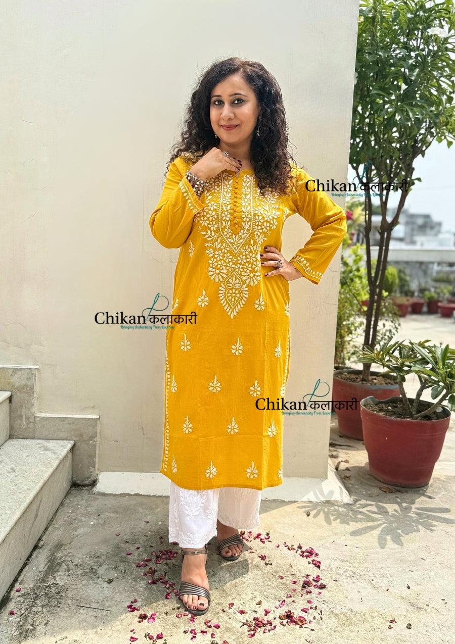 Geet Cotton Chikankari Kurti - Mustard Yellow