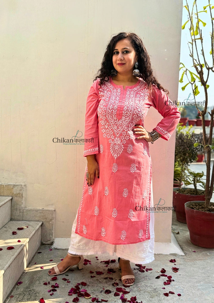 Geet Cotton Chikankari Kurti - Peach