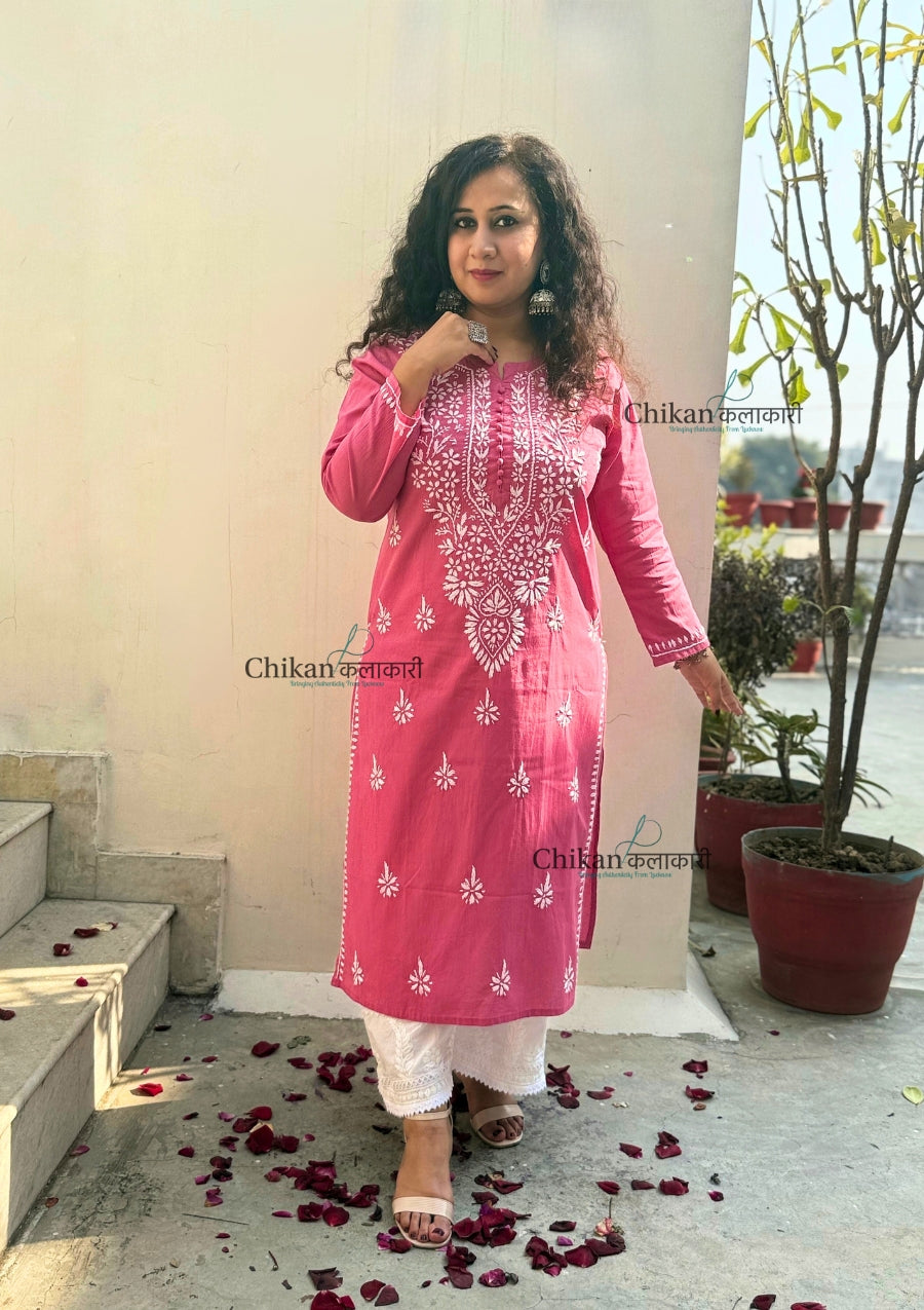 Geet Cotton Chikankari Kurti - Pink