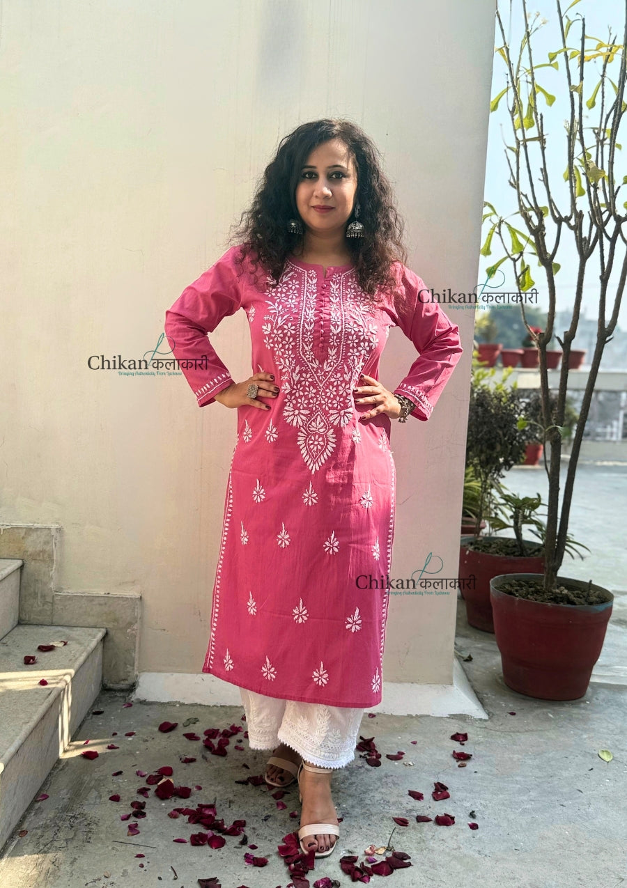 Geet Cotton Chikankari Kurti - Pink