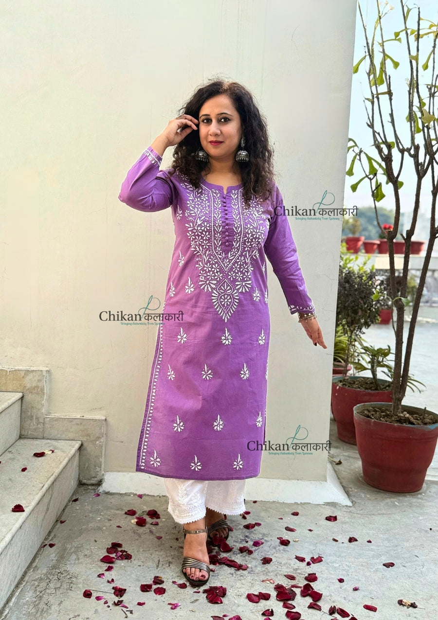 Geet Cotton Chikankari Kurti - Purple