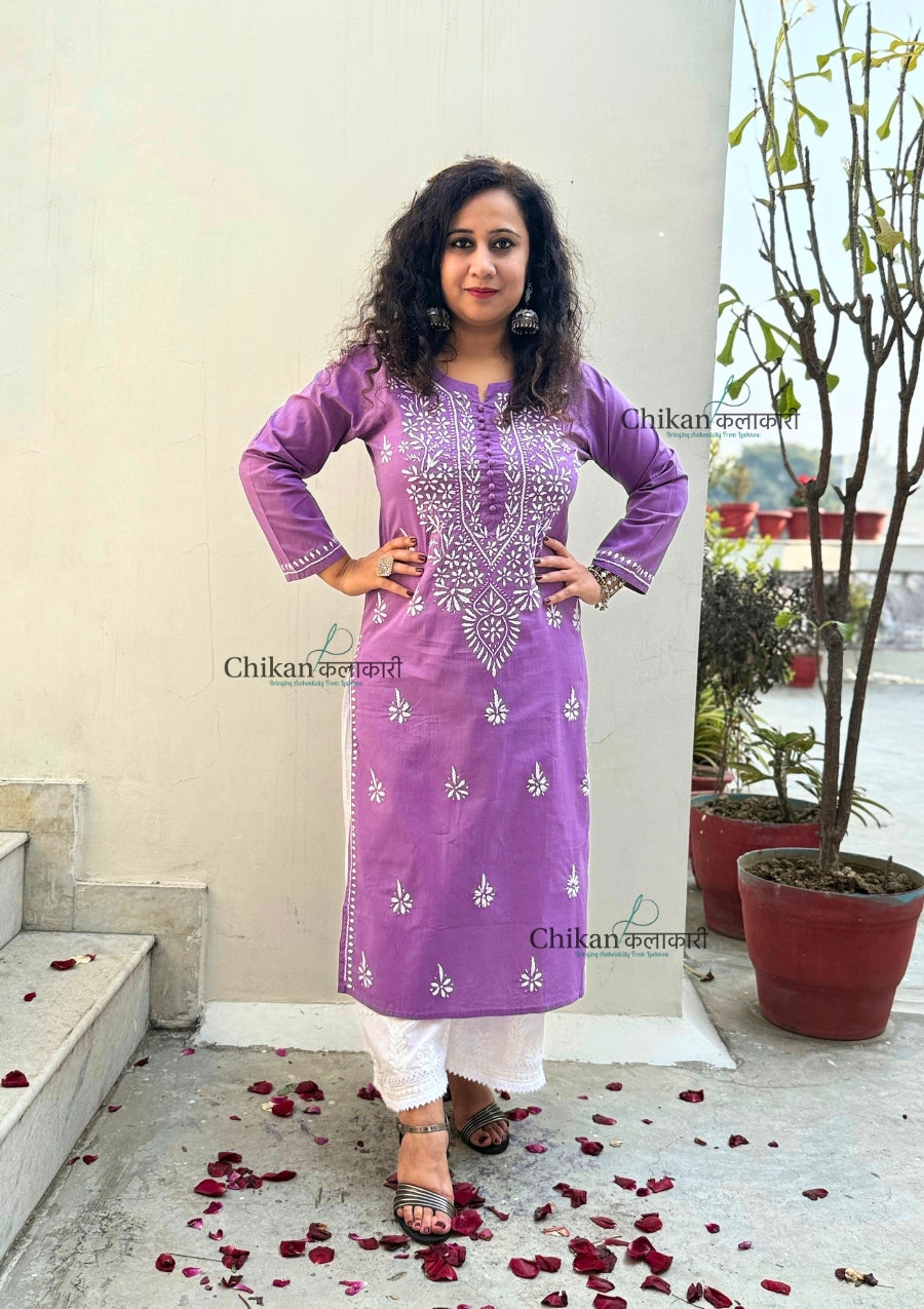 Geet Cotton Chikankari Kurti - Purple