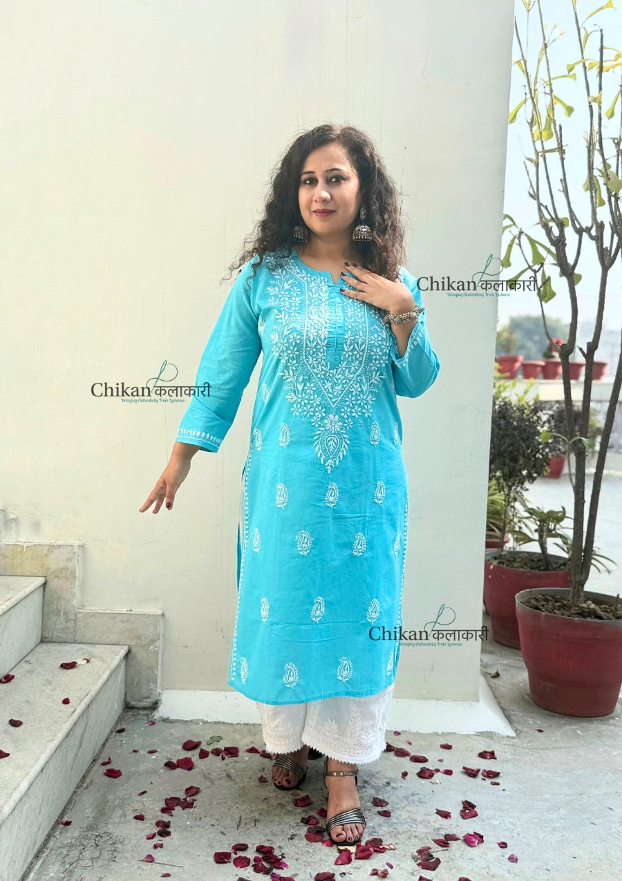 Geet Cotton Chikankari Kurti - Sky Blue